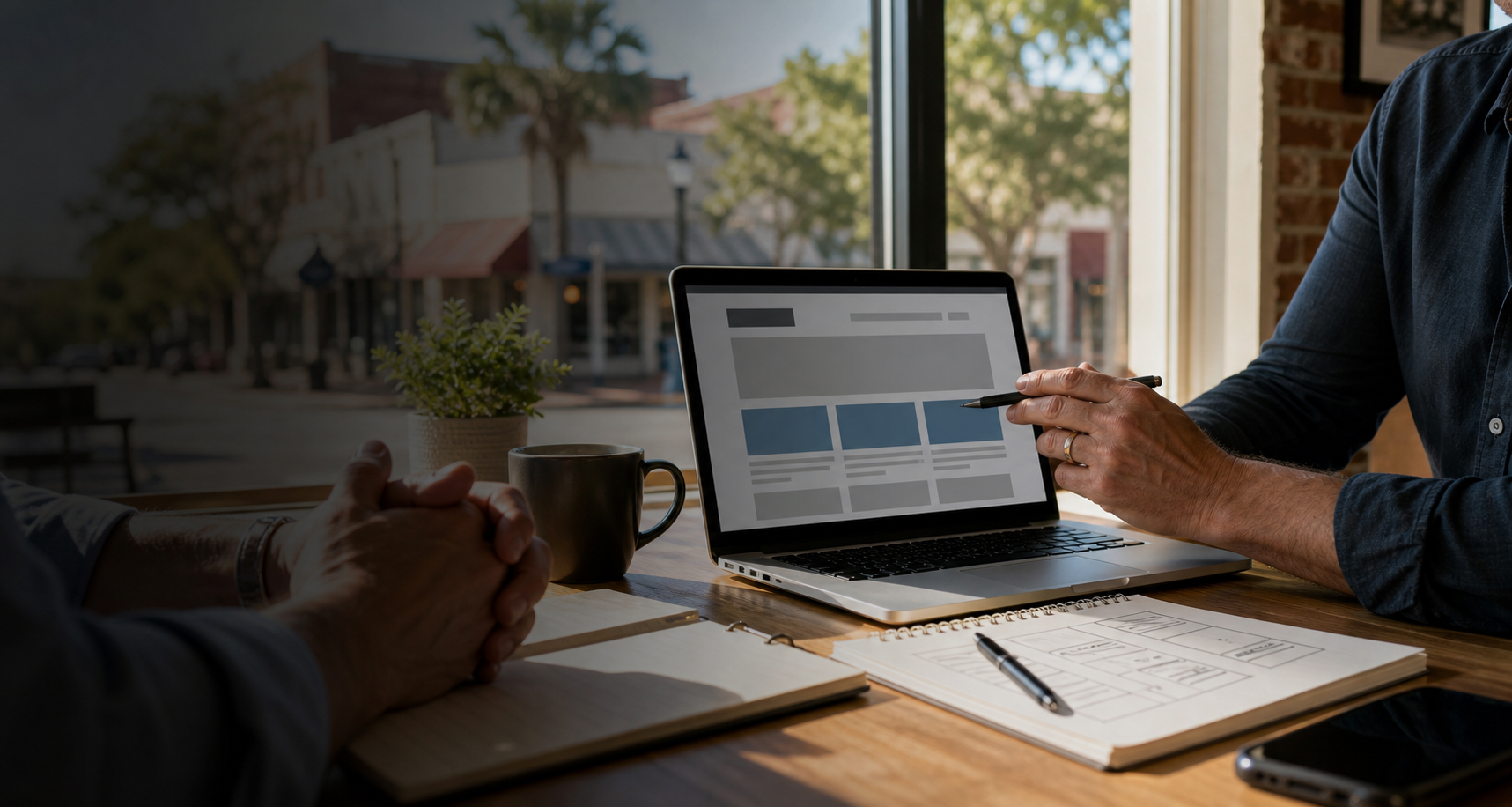 A website consultation at a desk with a laptop, notes, and a small business planning conversation.