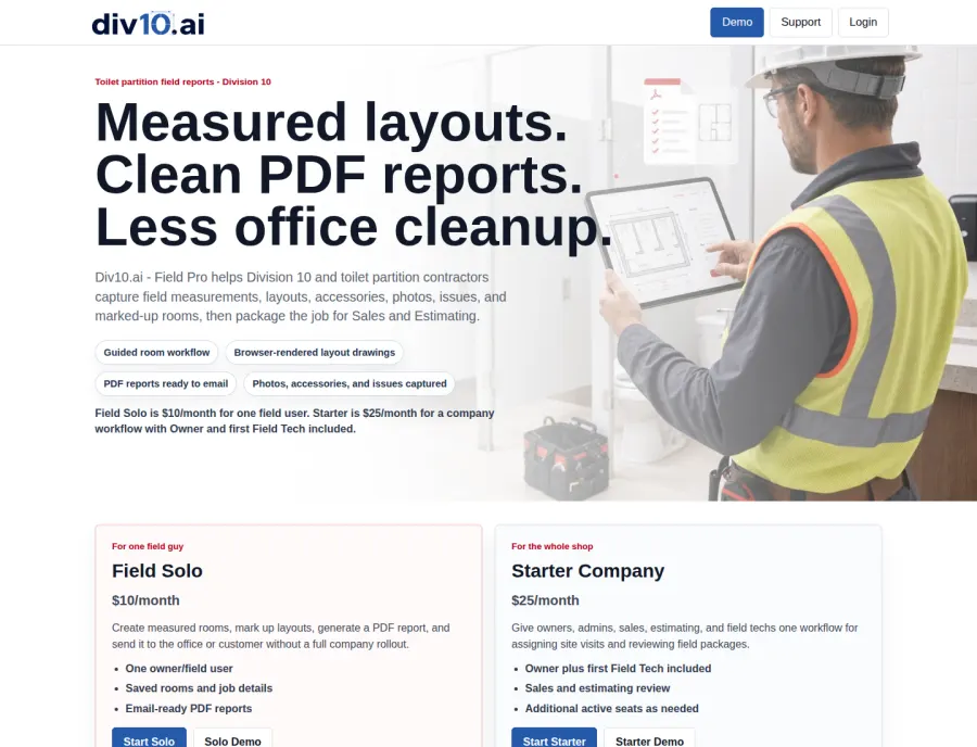Div10.ai homepage for Division 10 field reports with product messaging, pricing cards, and demo calls to action.