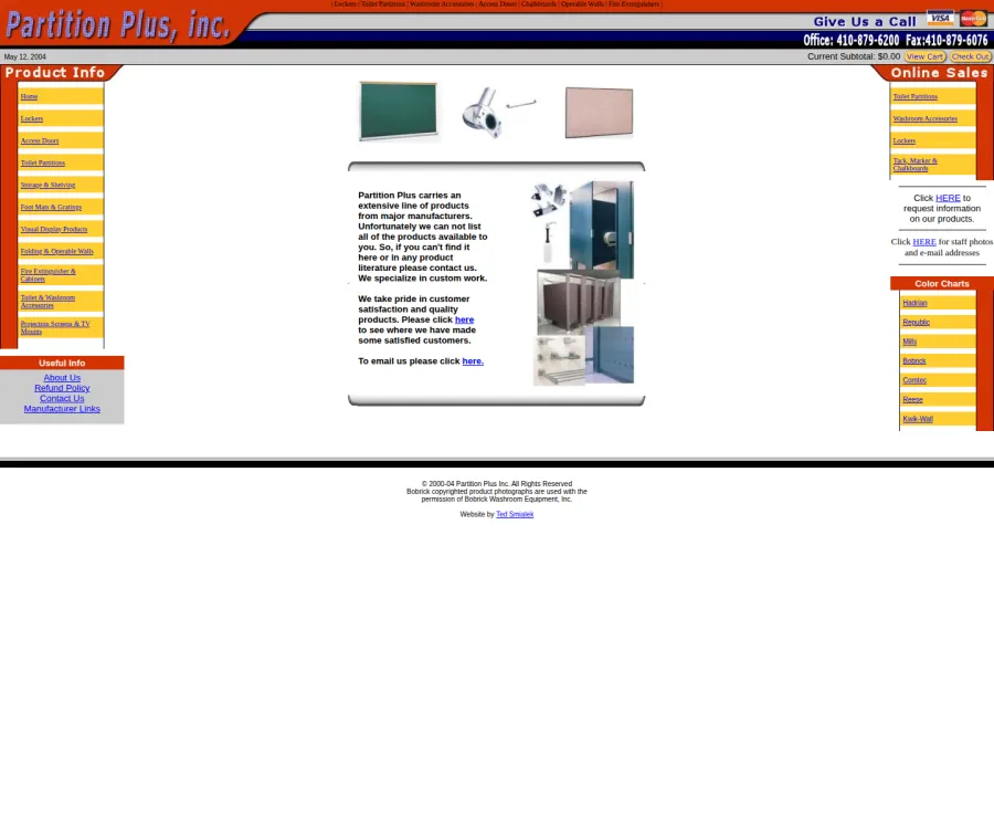 Archived 2004 Partition Plus ecommerce homepage with catalog navigation, cart, and checkout links.