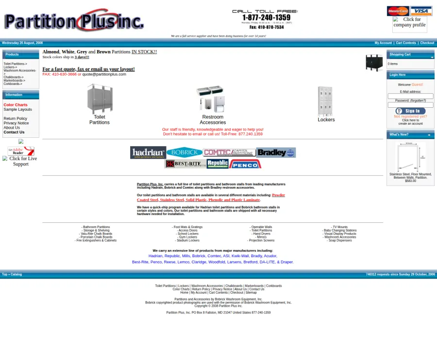 Archived 2008 Partition Plus homepage showing product categories, account tools, cart, checkout, and live support.