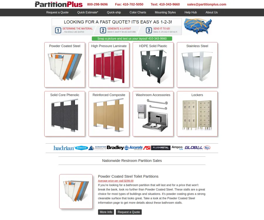 Archived 2017 Partition Plus homepage focused on fast quotes, material choices, text support, and product education.