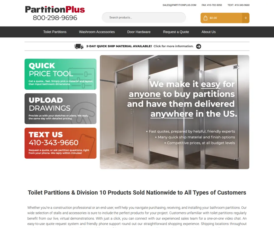 Archived 2021 Partition Plus homepage showing quick price tool, drawing upload, and nationwide ecommerce positioning.