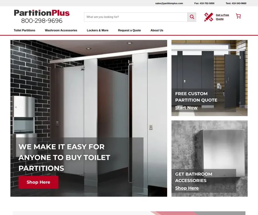 Current Partition Plus homepage with ecommerce navigation, quote path, and product category calls to action.