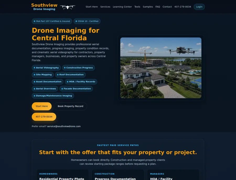 Southview Drone Imaging homepage with service navigation, drone imaging hero copy, and booking call to action.